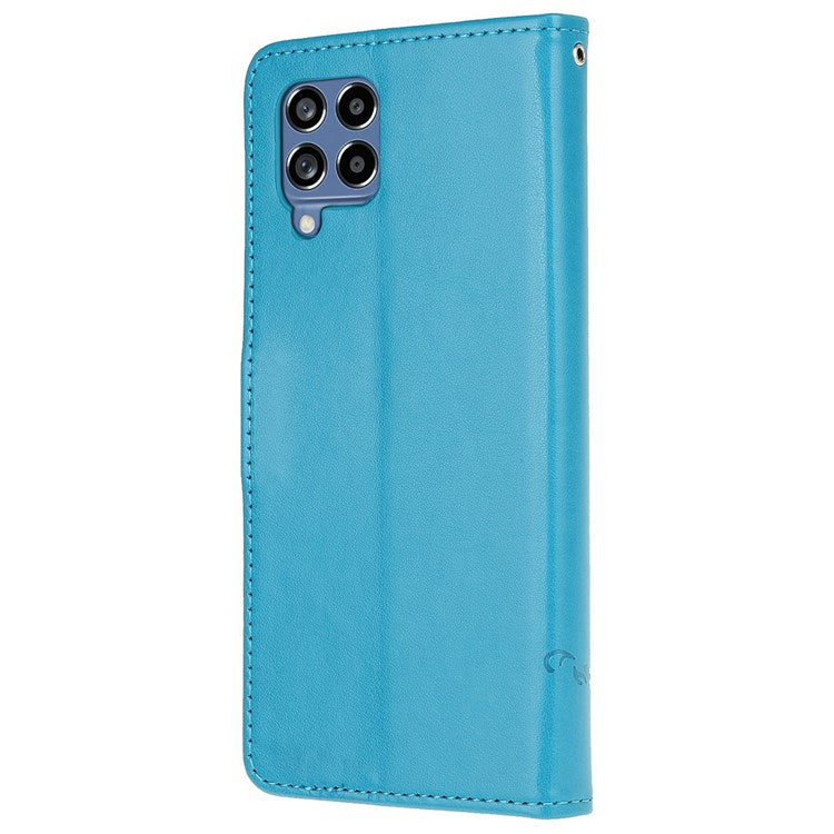For Samsung Galaxy M53 5G Butterfly Flower Imprinted PU Leather Magnetic Clasp Phone Case Wallet Stand Cover - Blue