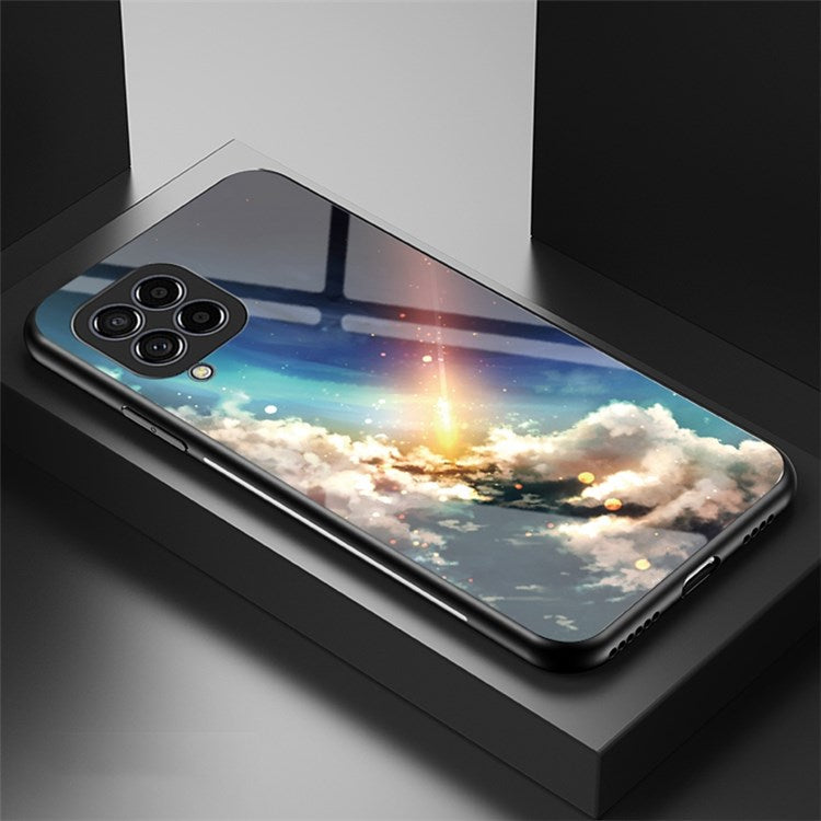 For Samsung Galaxy M33 5G (Global Version) Slim Light Drop-proof Starry Sky Pattern Design Tempered Glass Back Case Hard PC TPU Shell - Bright Starry Sky