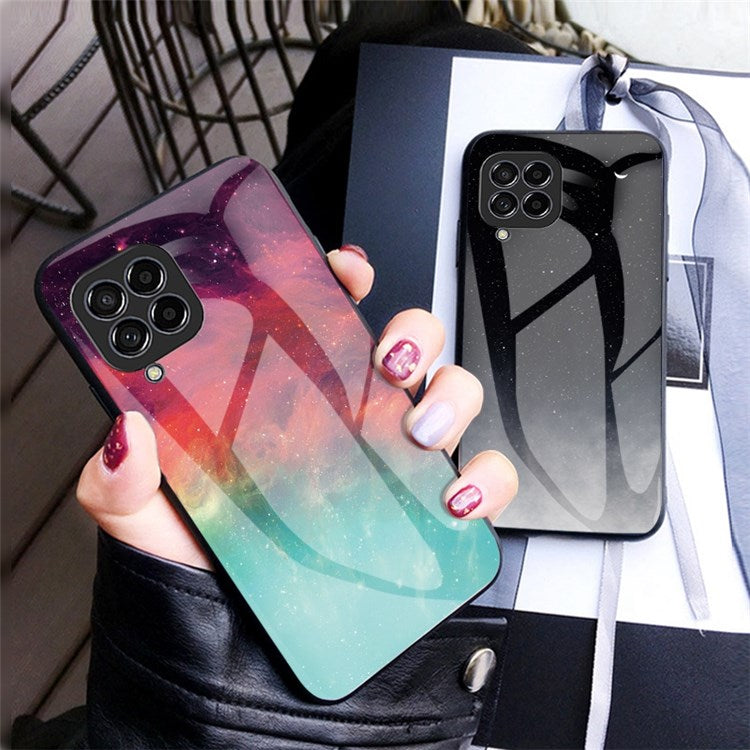 For Samsung Galaxy M33 5G (Global Version) Slim Light Drop-proof Starry Sky Pattern Design Tempered Glass Back Case Hard PC TPU Shell - Bright Starry Sky