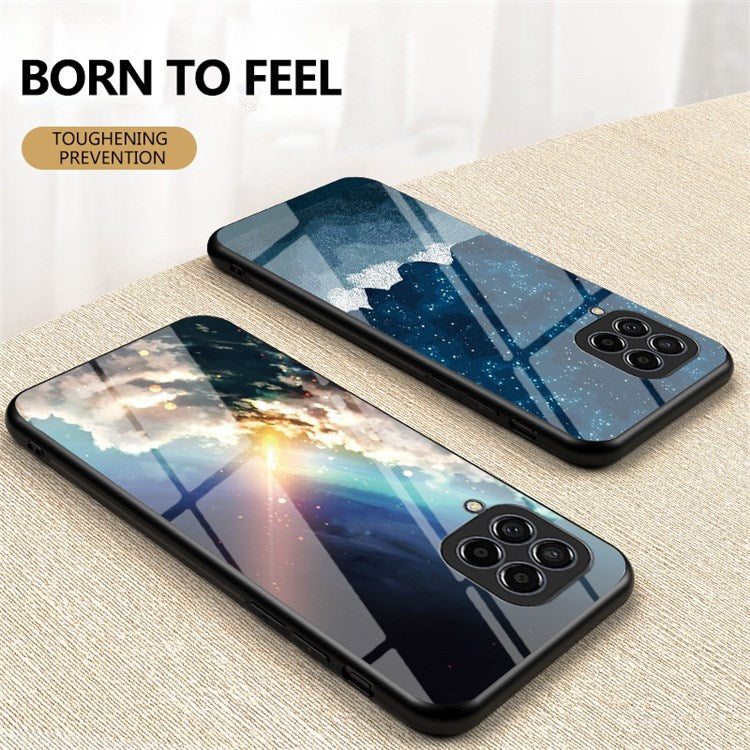 For Samsung Galaxy M33 5G (Global Version) Slim Light Drop-proof Starry Sky Pattern Design Tempered Glass Back Case Hard PC TPU Shell - Bright Starry Sky