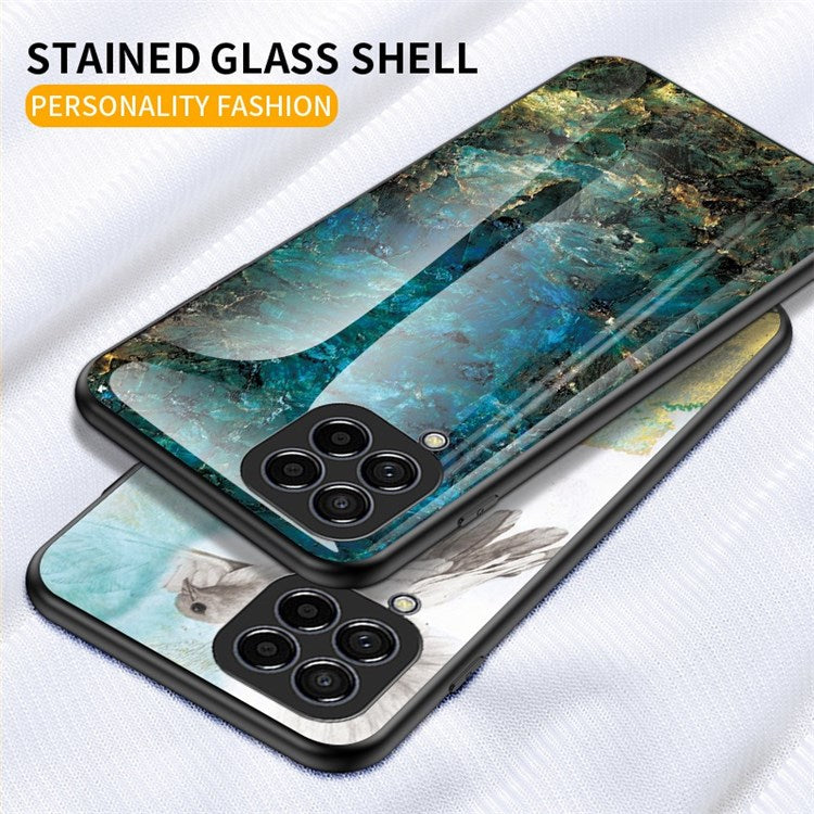 For Samsung Galaxy M33 5G (Global Version) Marble Pattern Tempered Glass + PC + TPU Anti-shock Smooth Touch Cell Phone Shell Case - Emerald Marble