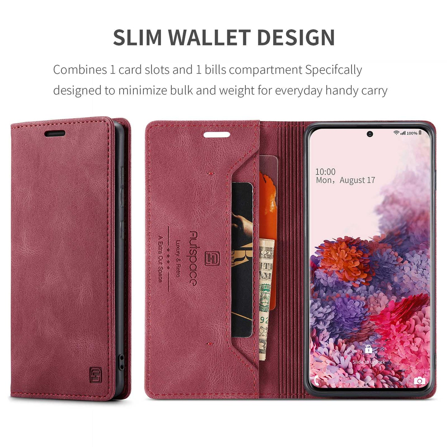 AUTSPACE A01 Series for Samsung Galaxy S20 4G/5G PU Leather Case RFID Blocking Wallet Flip Stand Cover - Red