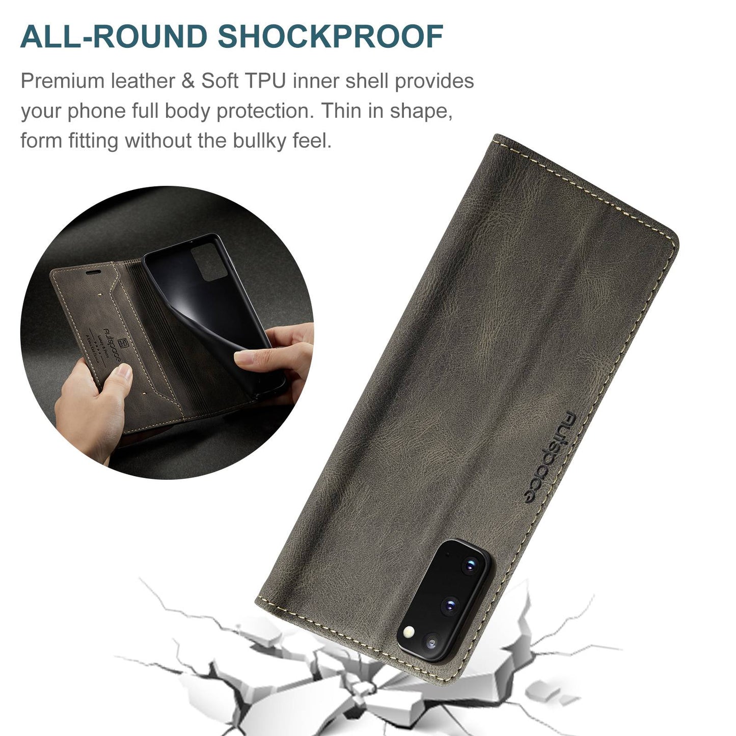 AUTSPACE A01 Series for Samsung Galaxy S20 4G / 5G PU Leather Case RFID Blocking Wallet Flip Stand Cover - Coffee