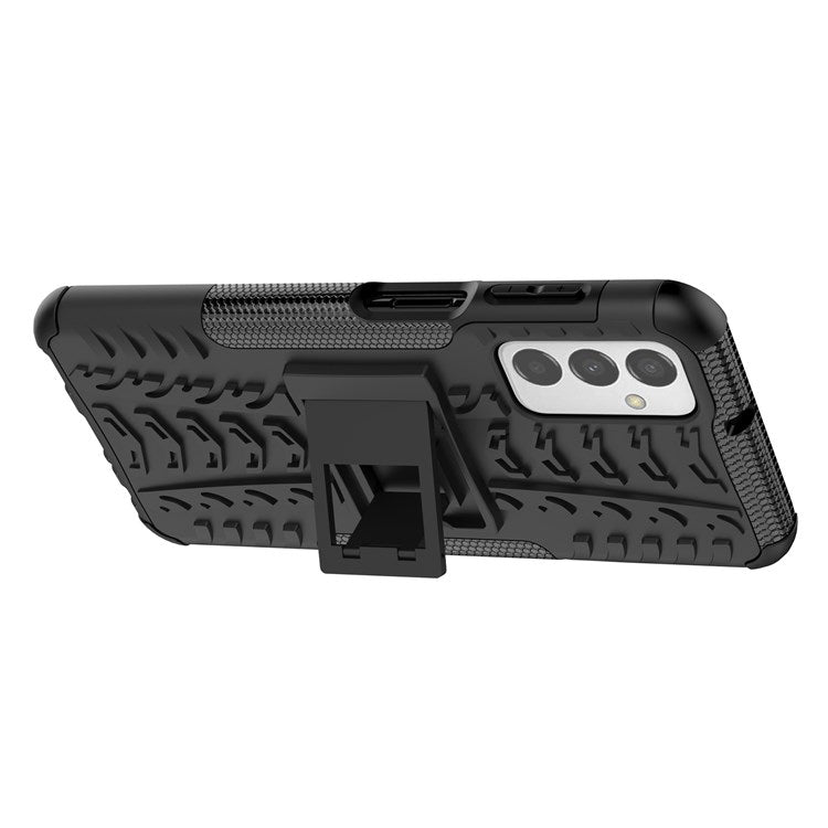 For Samsung Galaxy M23 5G/F23 5G Cool Tire Texture Kickstand Case TPU + PC Dual Layer Phone Cover - Black