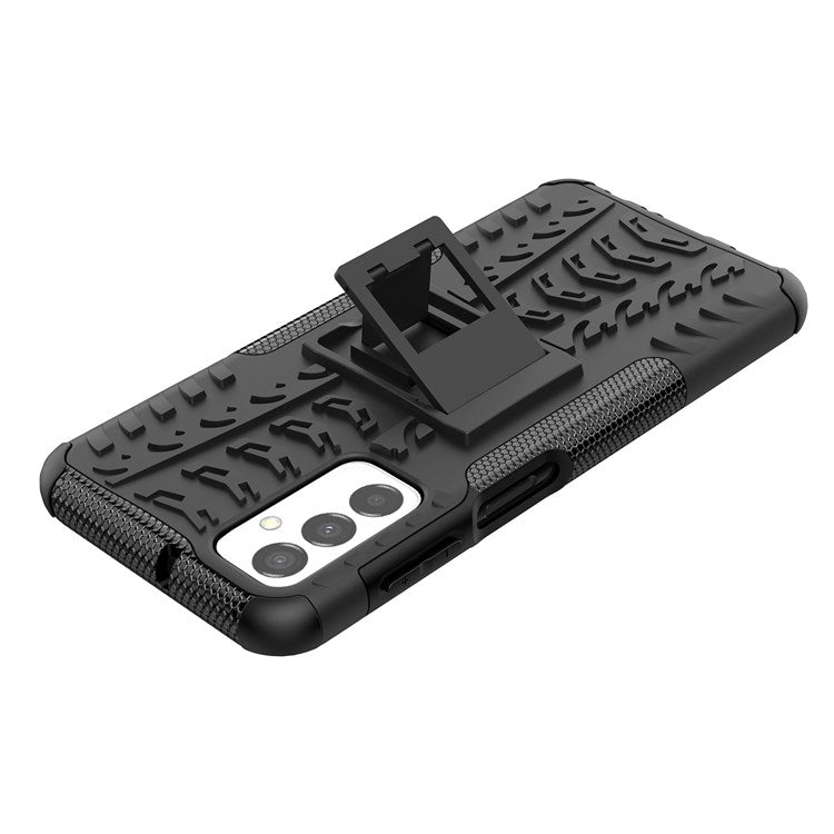 For Samsung Galaxy M23 5G/F23 5G Cool Tire Texture Kickstand Case TPU + PC Dual Layer Phone Cover - Black