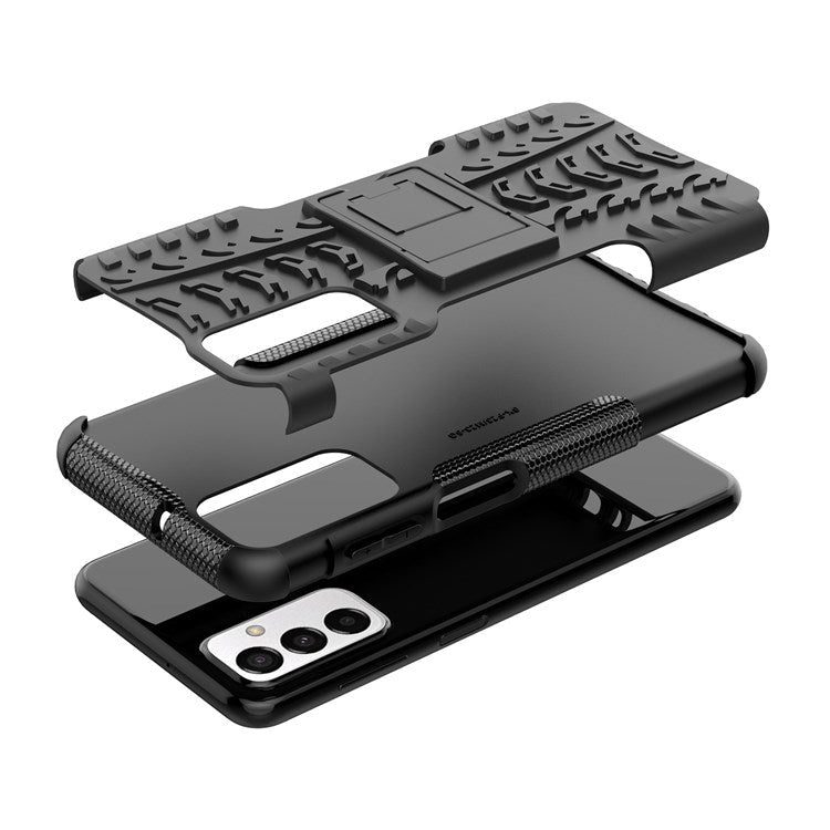 For Samsung Galaxy M23 5G/F23 5G Cool Tire Texture Kickstand Case TPU + PC Dual Layer Phone Cover - Black