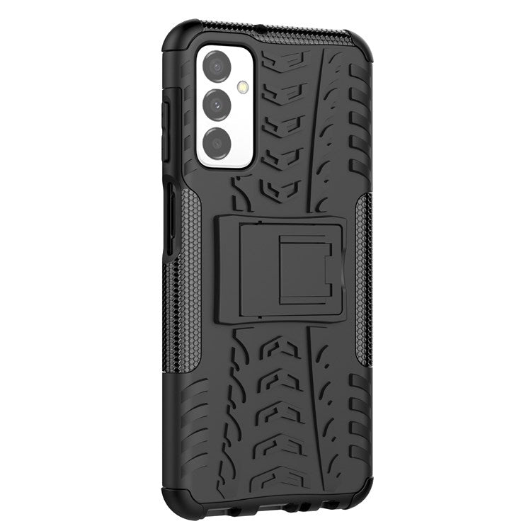 For Samsung Galaxy M23 5G/F23 5G Cool Tire Texture Kickstand Case TPU + PC Dual Layer Phone Cover - Black
