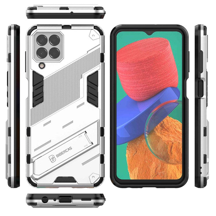 For Samsung Galaxy M33 5G (India Version) Drop-proof Protection Armor Shell Hard PC Soft TPU Cell Phone Case with Kickstand - White