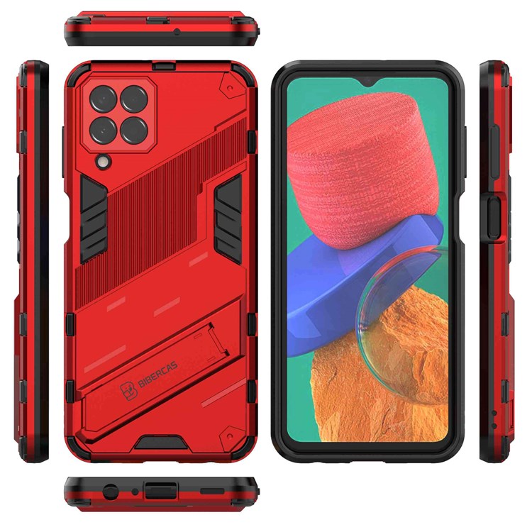 For Samsung Galaxy M33 5G (India Version) Drop-proof Protection Armor Shell Hard PC Soft TPU Cell Phone Case with Kickstand - Red