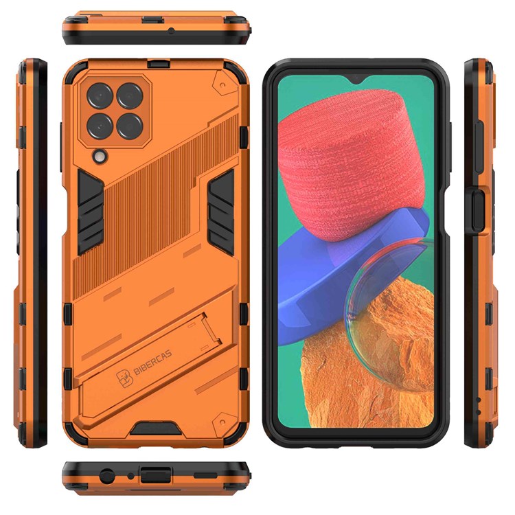 For Samsung Galaxy M33 5G (India Version) Drop-proof Protection Armor Shell Hard PC Soft TPU Cell Phone Case with Kickstand - Orange
