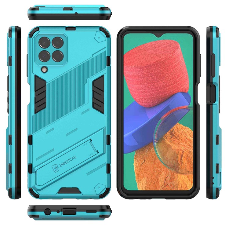 For Samsung Galaxy M33 5G (India Version) Drop-proof Protection Armor Shell Hard PC Soft TPU Cell Phone Case with Kickstand - Baby Blue