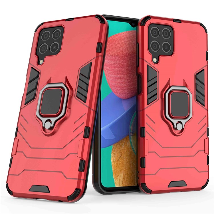 For Samsung Galaxy M33 5G (India Version) Ring Holder Kickstand Protective Case Soft TPU + Hard PC Hybrid Phone Cover - Red