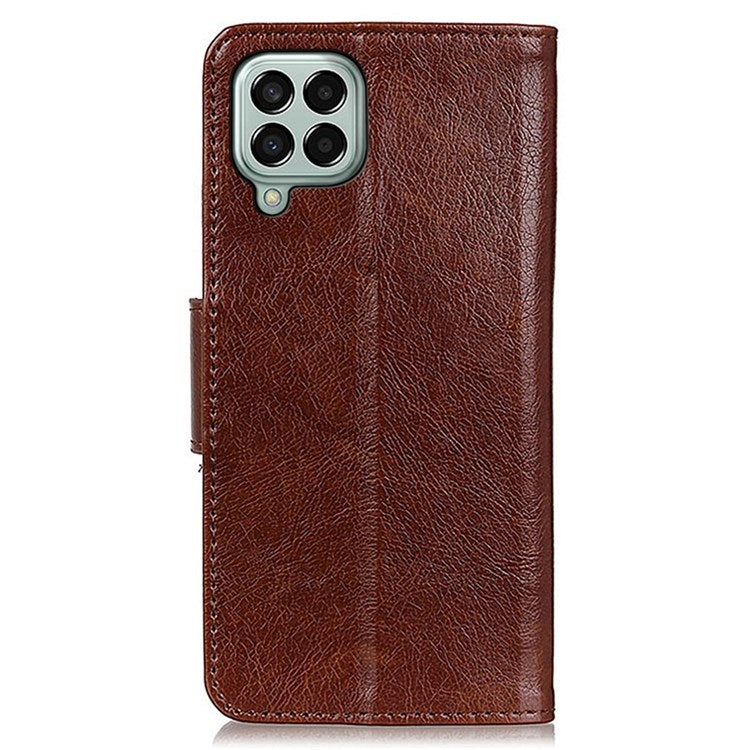 For Samsung Galaxy M33 5G (Global Version) Split Leather Cell Phone Flip Case Drop Resistant Nappa Texture Stand Wallet Magnetic Cover - Brown
