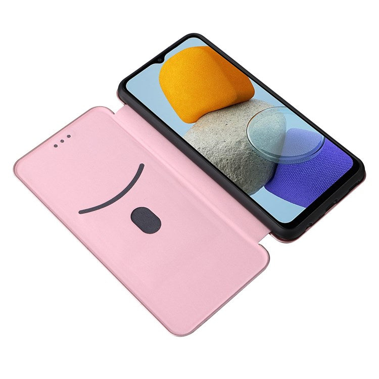 For Samsung Galaxy M23 5G/F23 5G Carbon Fiber Texture Phone Case PU Leather Card Holder Stand Magnetic Closure Cover - Rose Gold