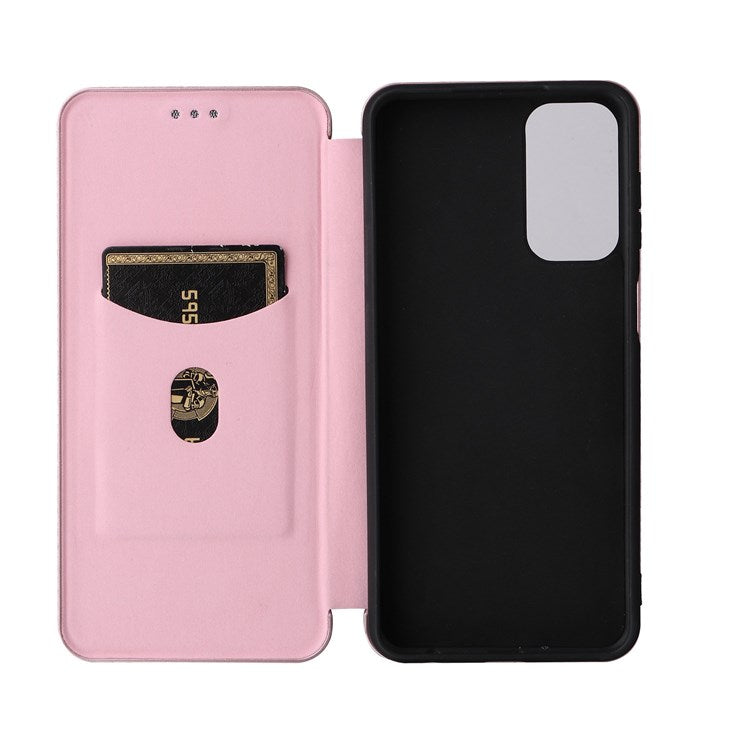 For Samsung Galaxy M23 5G/F23 5G Carbon Fiber Texture Phone Case PU Leather Card Holder Stand Magnetic Closure Cover - Rose Gold