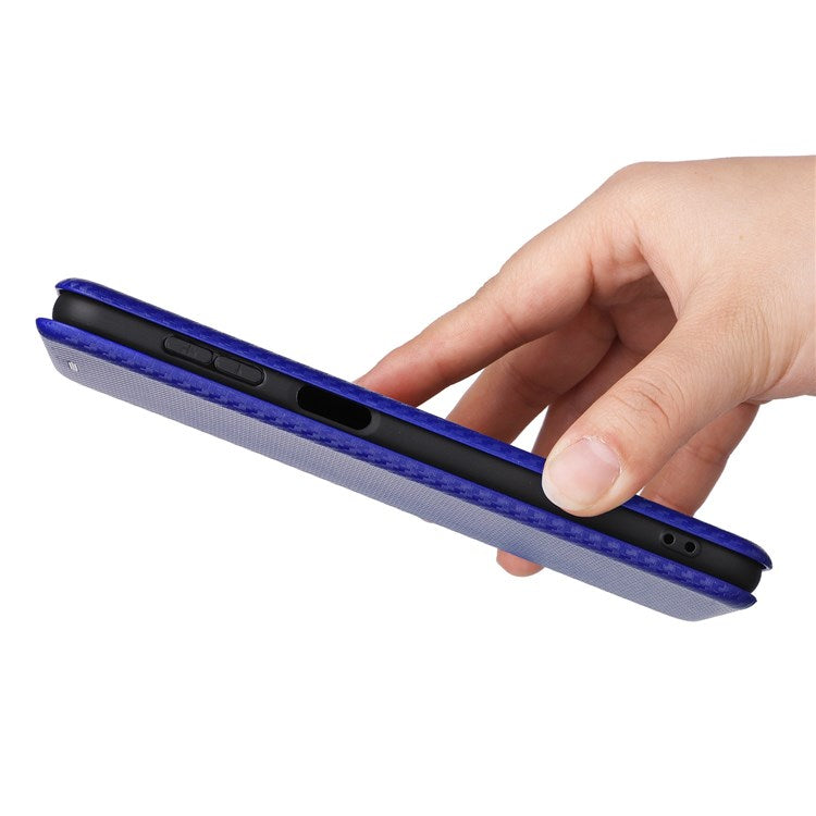 For Samsung Galaxy M23 5G/F23 5G Carbon Fiber Texture Phone Case PU Leather Card Holder Stand Magnetic Closure Cover - Blue