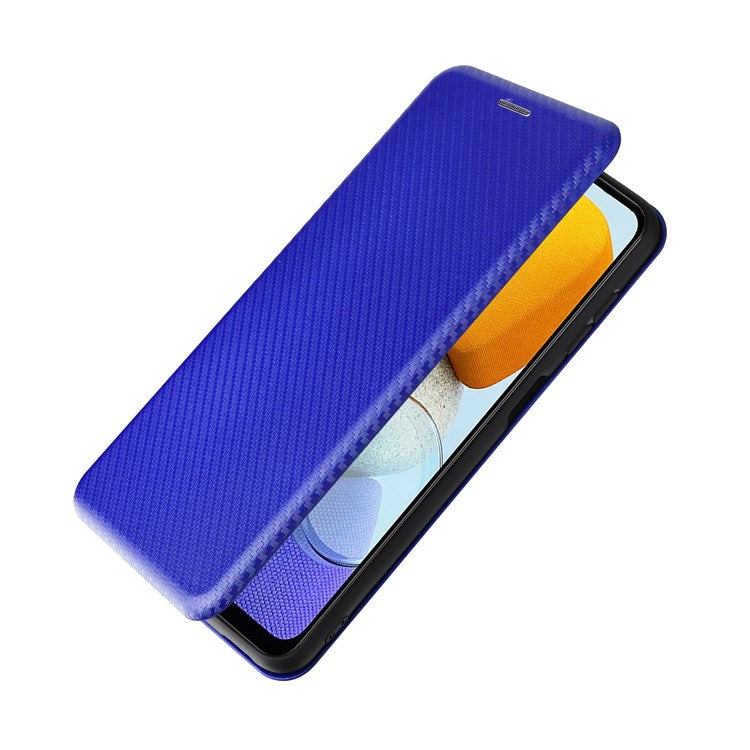 For Samsung Galaxy M23 5G/F23 5G Carbon Fiber Texture Phone Case PU Leather Card Holder Stand Magnetic Closure Cover - Blue
