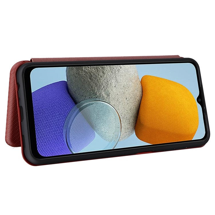 For Samsung Galaxy M23 5G/F23 5G Carbon Fiber Texture Phone Case PU Leather Card Holder Stand Magnetic Closure Cover - Orange