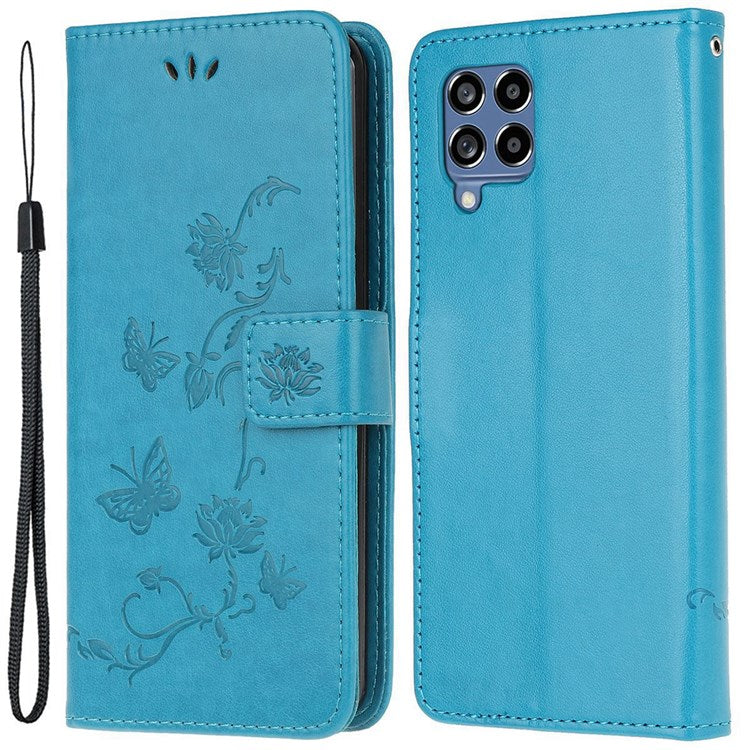 For Samsung Galaxy M33 5G (India Version) PU Leather Magnetic Flip Cover Butterfly Flower Imprinted Stand Hand Strap Wallet Purse Case - Blue