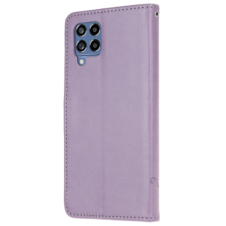 For Samsung Galaxy M33 5G (India Version) PU Leather Magnetic Flip Cover Butterfly Flower Imprinted Stand Hand Strap Wallet Purse Case - Purple