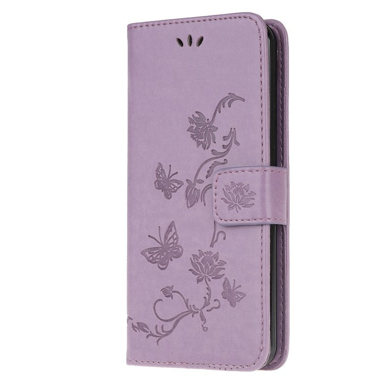 For Samsung Galaxy M33 5G (India Version) PU Leather Magnetic Flip Cover Butterfly Flower Imprinted Stand Hand Strap Wallet Purse Case - Purple