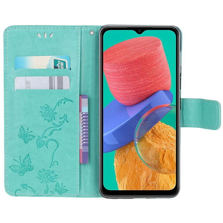 For Samsung Galaxy M33 5G (India Version) PU Leather Magnetic Flip Cover Butterfly Flower Imprinted Stand Hand Strap Wallet Purse Case - Green