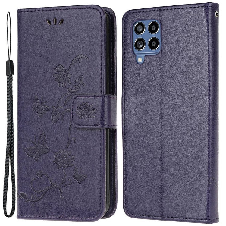 For Samsung Galaxy M33 5G (India Version) PU Leather Magnetic Flip Cover Butterfly Flower Imprinted Stand Hand Strap Wallet Purse Case - Dark Blue