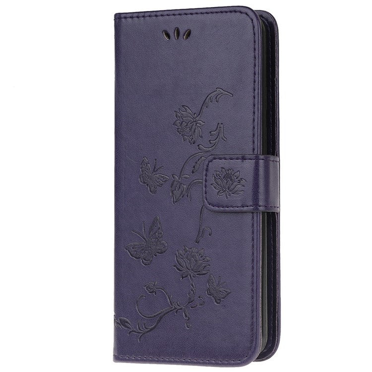 For Samsung Galaxy M33 5G (India Version) PU Leather Magnetic Flip Cover Butterfly Flower Imprinted Stand Hand Strap Wallet Purse Case - Dark Blue