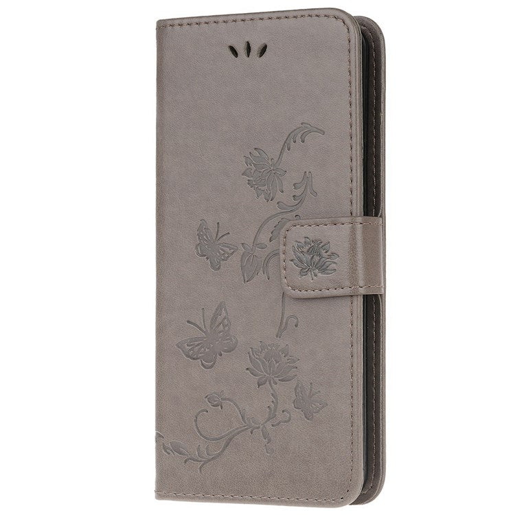 For Samsung Galaxy M33 5G (India Version) PU Leather Magnetic Flip Cover Butterfly Flower Imprinted Stand Hand Strap Wallet Purse Case - Grey