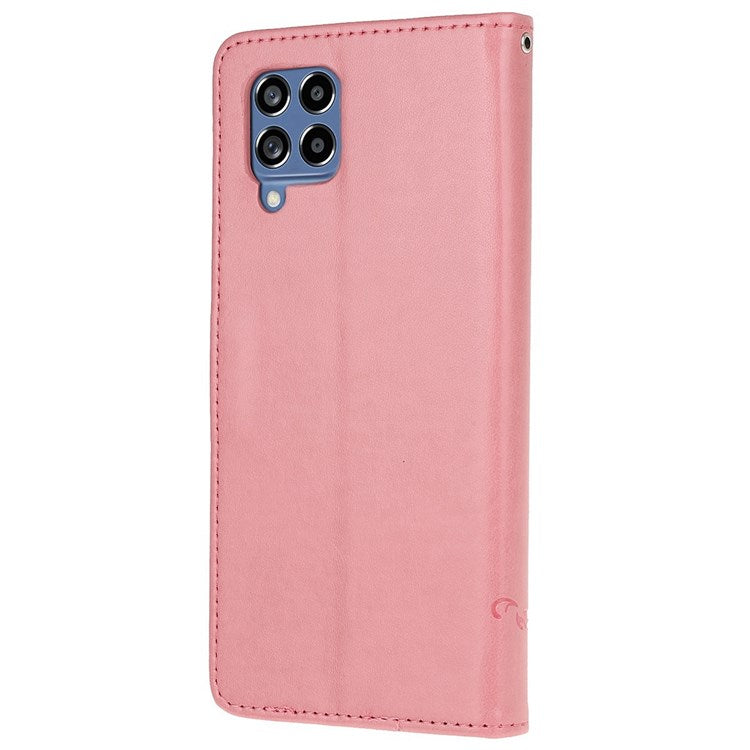 For Samsung Galaxy M33 5G (India Version) PU Leather Magnetic Flip Cover Butterfly Flower Imprinted Stand Hand Strap Wallet Purse Case - Pink