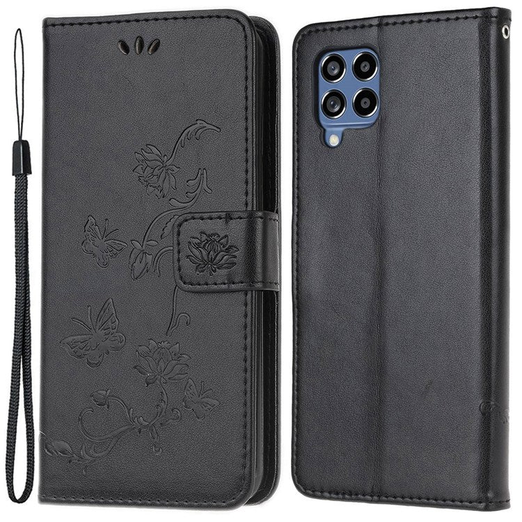 For Samsung Galaxy M33 5G (India Version) PU Leather Magnetic Flip Cover Butterfly Flower Imprinted Stand Hand Strap Wallet Purse Case - Black