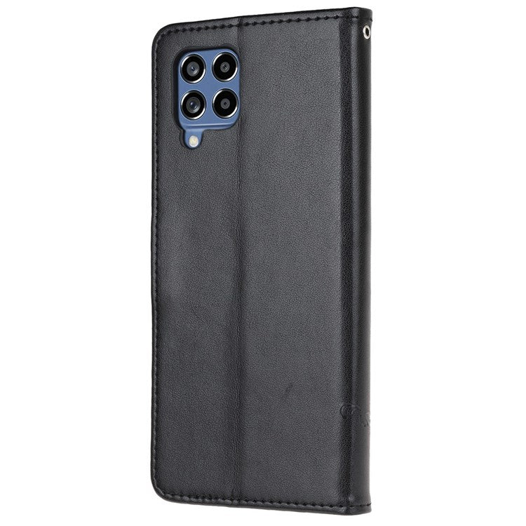 For Samsung Galaxy M33 5G (India Version) PU Leather Magnetic Flip Cover Butterfly Flower Imprinted Stand Hand Strap Wallet Purse Case - Black