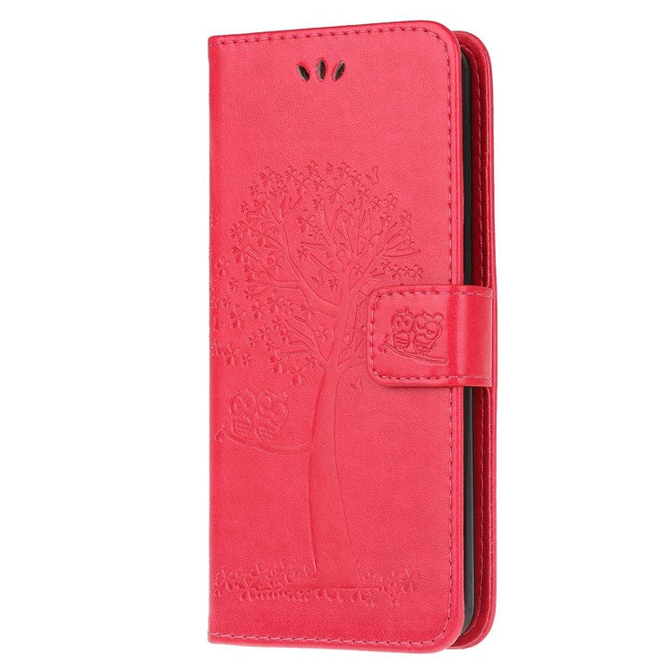 For Samsung Galaxy M33 5G (India Version) PU Leather Owl Tree Pattern Imprinted Phone Cover Wallet Viewing Stand Anti-Drop Protective Case with Wrist Strap - Red