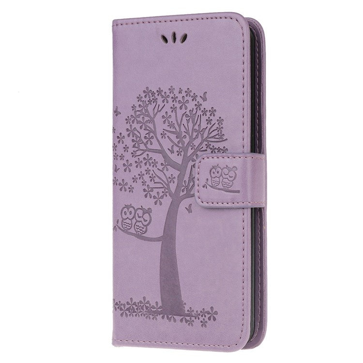 For Samsung Galaxy M33 5G (India Version) PU Leather Owl Tree Pattern Imprinted Phone Cover Wallet Viewing Stand Anti-Drop Protective Case with Wrist Strap - Purple