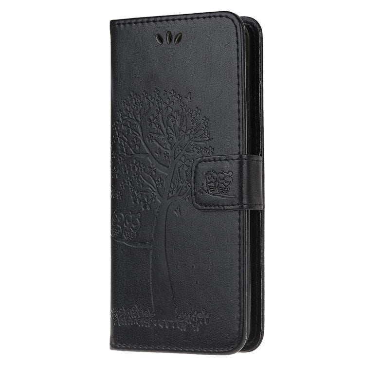 For Samsung Galaxy M33 5G (India Version) PU Leather Owl Tree Pattern Imprinted Phone Cover Wallet Viewing Stand Anti-Drop Protective Case with Wrist Strap - Black