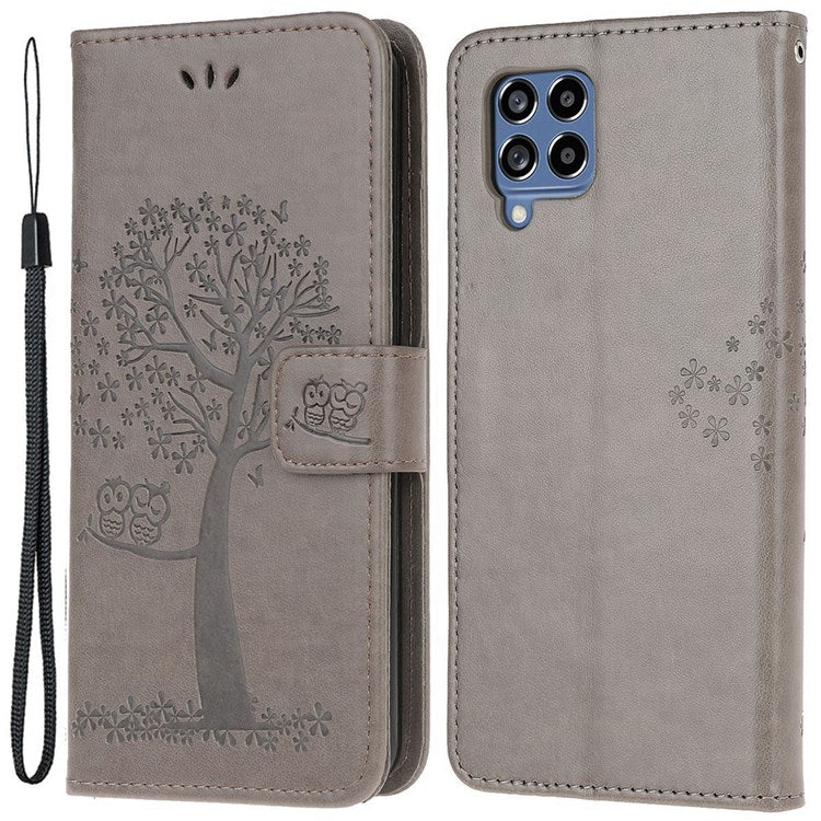 For Samsung Galaxy M33 5G (India Version) PU Leather Owl Tree Pattern Imprinted Phone Cover Wallet Viewing Stand Anti-Drop Protective Case with Wrist Strap - Grey
