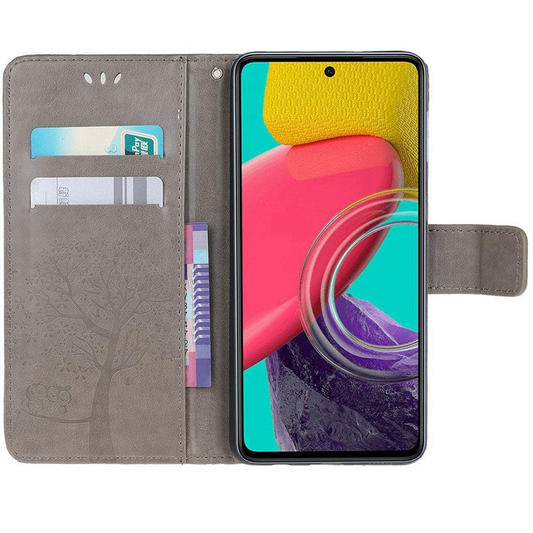 For Samsung Galaxy M33 5G (India Version) PU Leather Owl Tree Pattern Imprinted Phone Cover Wallet Viewing Stand Anti-Drop Protective Case with Wrist Strap - Grey