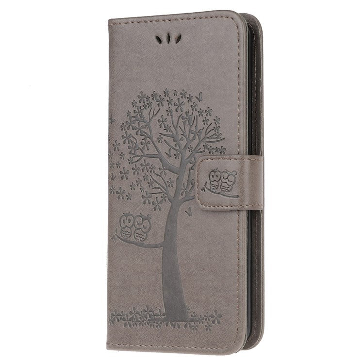 For Samsung Galaxy M33 5G (India Version) PU Leather Owl Tree Pattern Imprinted Phone Cover Wallet Viewing Stand Anti-Drop Protective Case with Wrist Strap - Grey