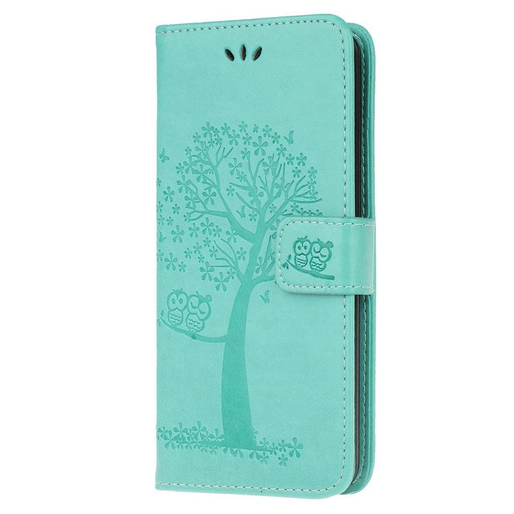 For Samsung Galaxy M33 5G (India Version) PU Leather Owl Tree Pattern Imprinted Phone Cover Wallet Viewing Stand Anti-Drop Protective Case with Wrist Strap - Green