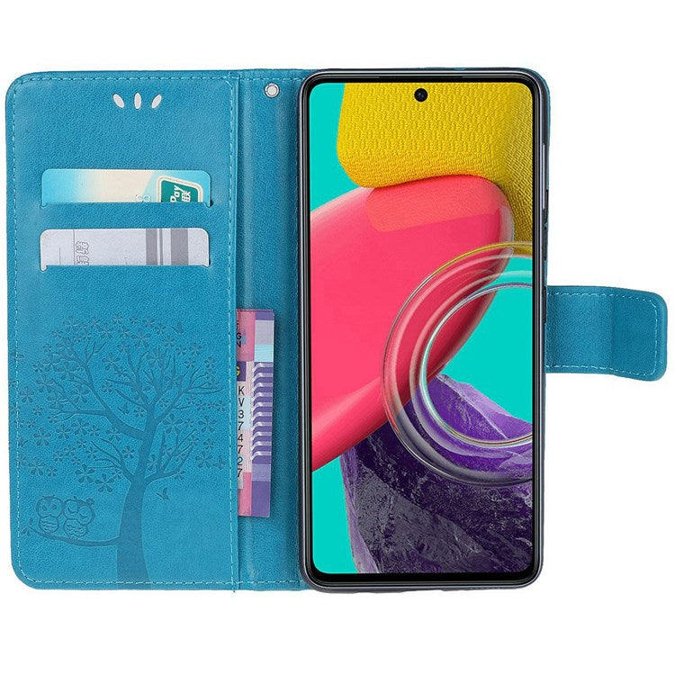 For Samsung Galaxy M33 5G (India Version) PU Leather Owl Tree Pattern Imprinted Phone Cover Wallet Viewing Stand Anti-Drop Protective Case with Wrist Strap - Blue