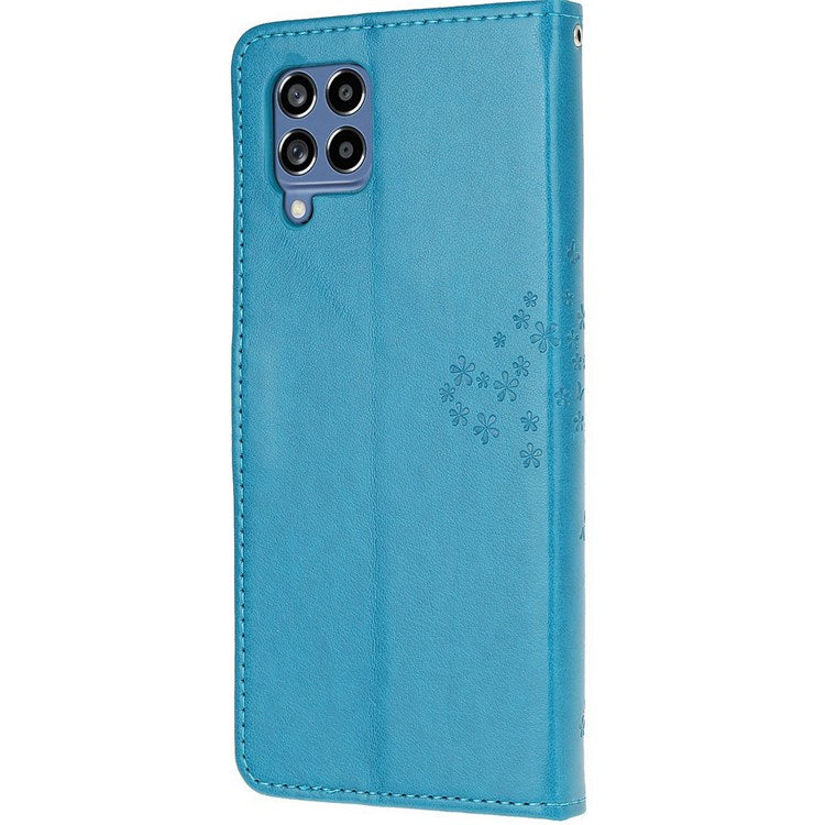 For Samsung Galaxy M33 5G (India Version) PU Leather Owl Tree Pattern Imprinted Phone Cover Wallet Viewing Stand Anti-Drop Protective Case with Wrist Strap - Blue