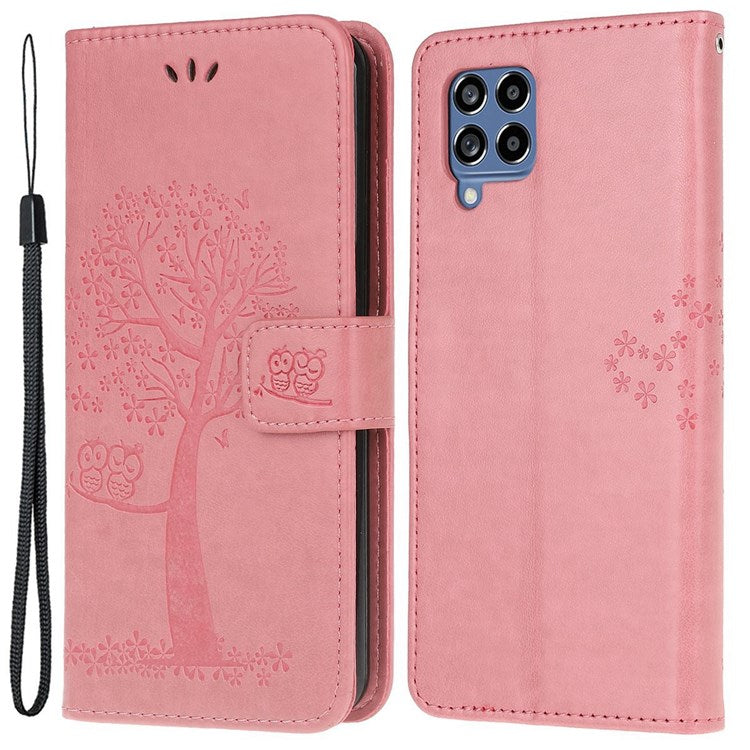 For Samsung Galaxy M33 5G (India Version) PU Leather Owl Tree Pattern Imprinted Phone Cover Wallet Viewing Stand Anti-Drop Protective Case with Wrist Strap - Pink