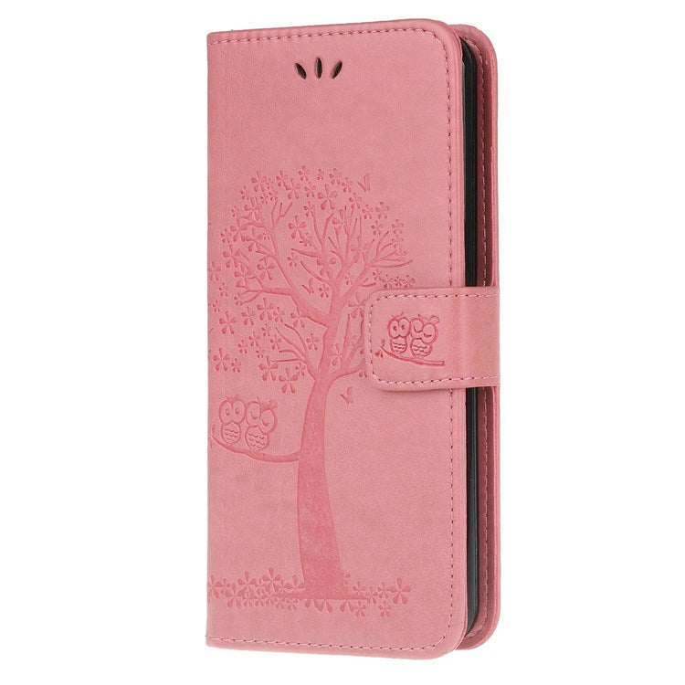 For Samsung Galaxy M33 5G (India Version) PU Leather Owl Tree Pattern Imprinted Phone Cover Wallet Viewing Stand Anti-Drop Protective Case with Wrist Strap - Pink