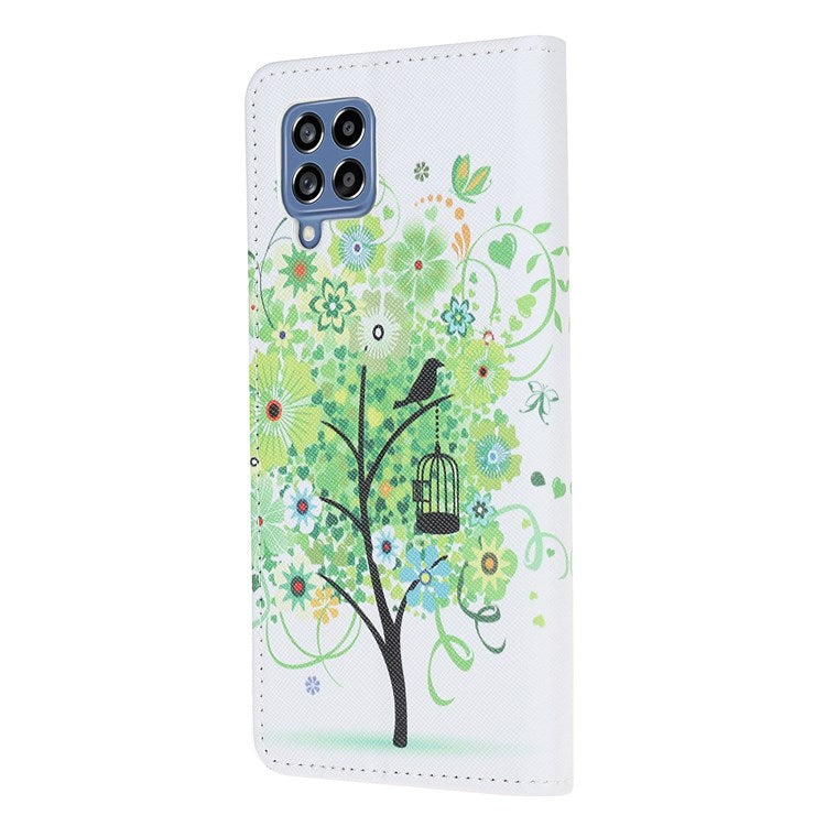 For Samsung Galaxy M53 5G Cross Texture Stylish Pattern Printing PU Leather Phone Case Stand Wallet Flip Cover - Green Tree