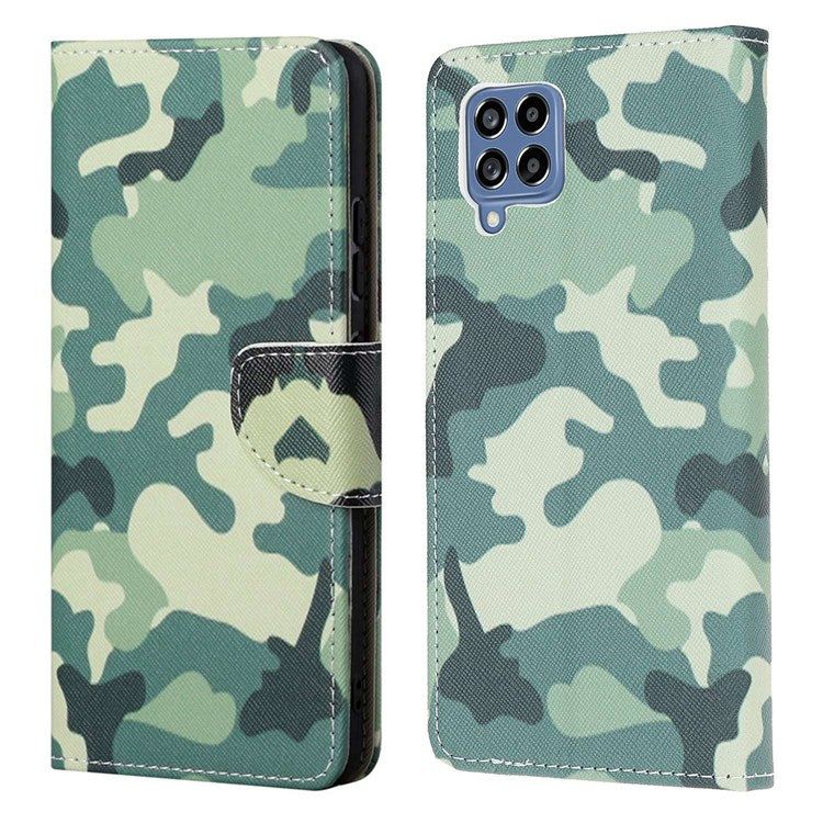 For Samsung Galaxy M53 5G Cross Texture Stylish Pattern Printing PU Leather Phone Case Stand Wallet Flip Cover - Camouflage