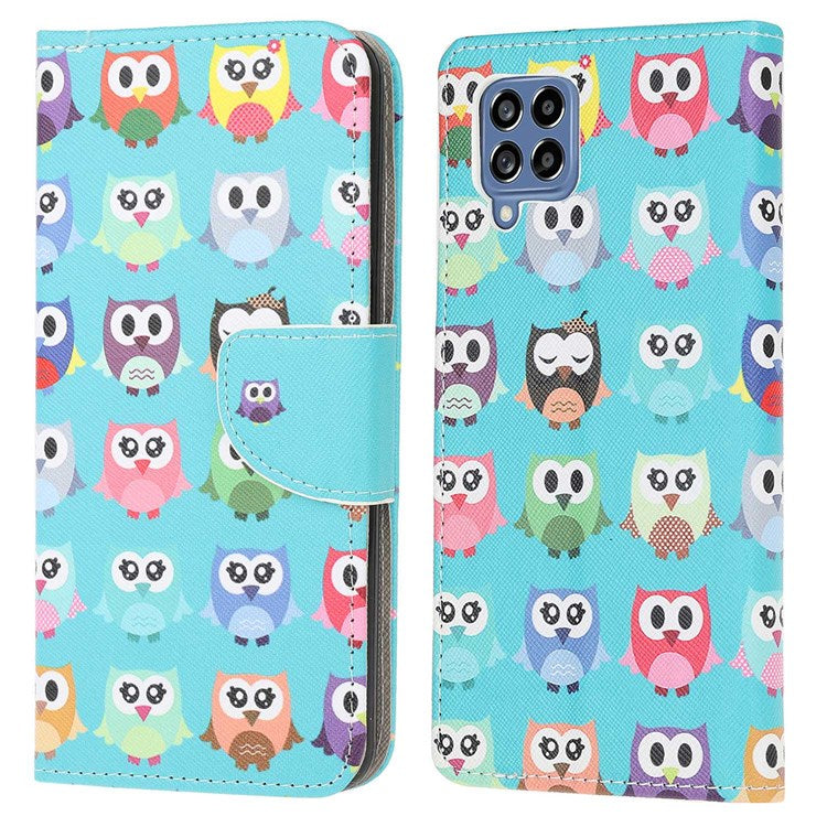 For Samsung Galaxy M53 5G Cross Texture Stylish Pattern Printing PU Leather Phone Case Stand Wallet Flip Cover - Owls