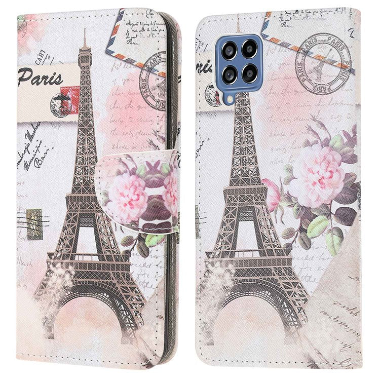 For Samsung Galaxy M53 5G Cross Texture Stylish Pattern Printing PU Leather Phone Case Stand Wallet Flip Cover - Tower