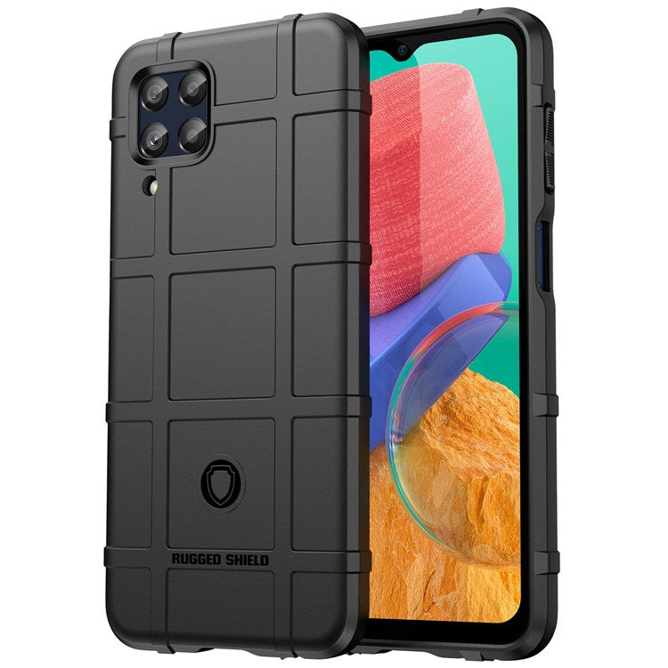 For Samsung Galaxy M33 5G (Global Version)/(India Version) Rugged Square Grid Phone Shell Bag Anti-drop Thickened TPU Protective Cover - Black