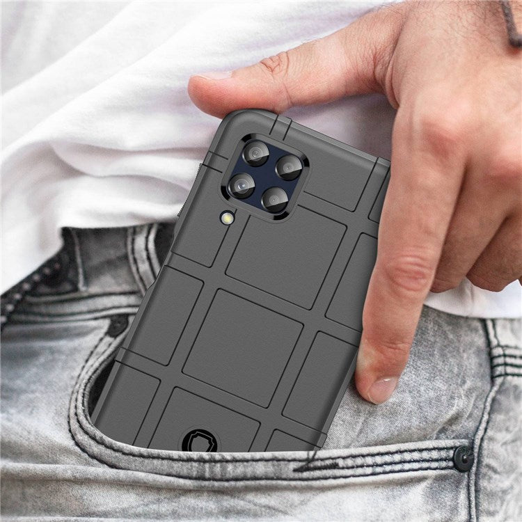 For Samsung Galaxy M33 5G (Global Version)/(India Version) Rugged Square Grid Phone Shell Bag Anti-drop Thickened TPU Protective Cover - Black