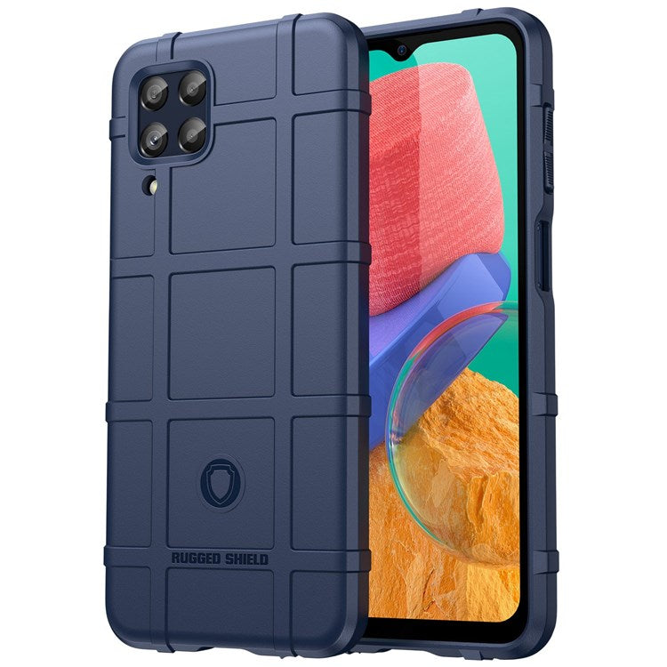 For Samsung Galaxy M33 5G (Global Version)/(India Version) Rugged Square Grid Phone Shell Bag Anti-drop Thickened TPU Protective Cover - Blue